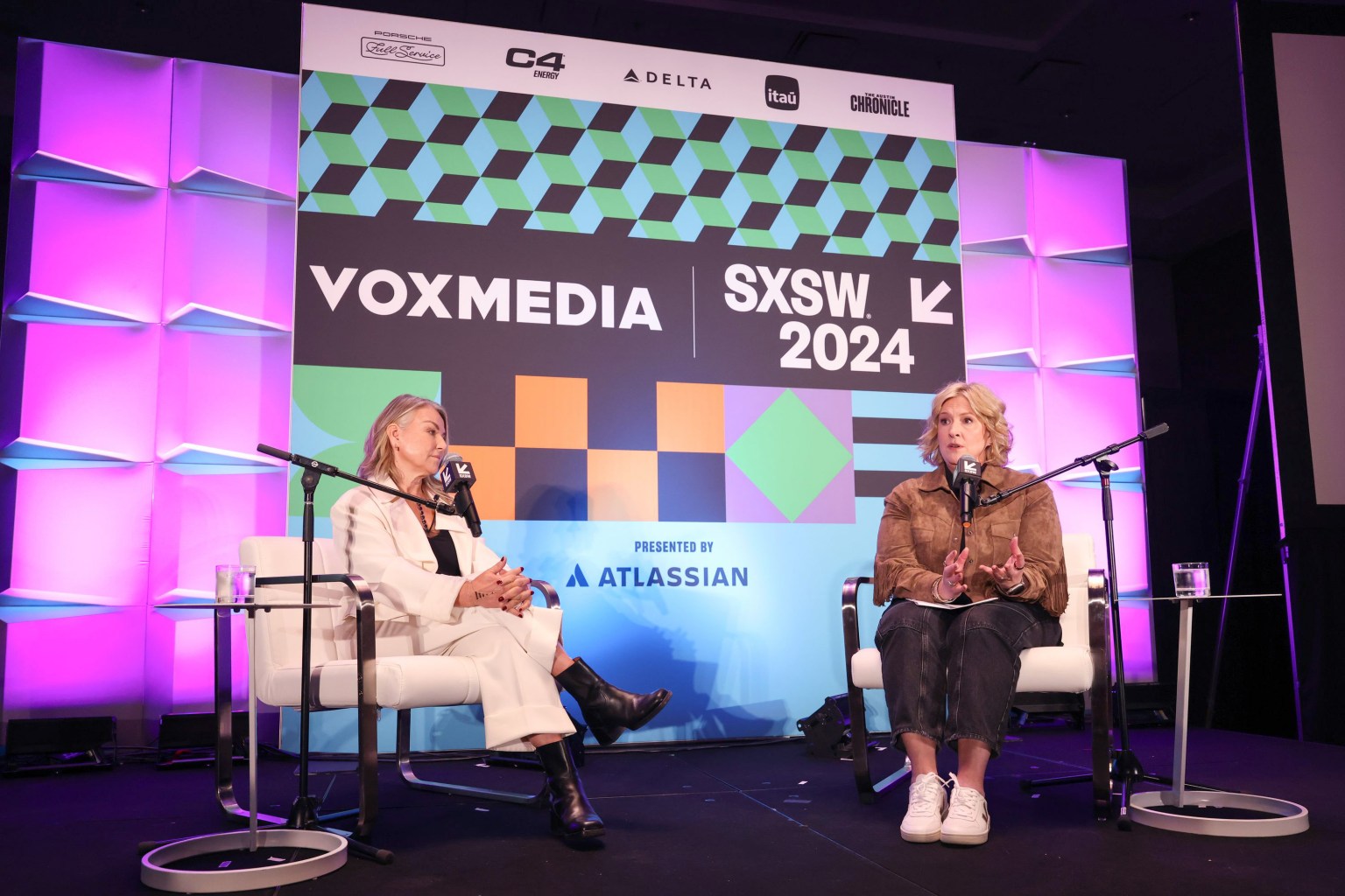 Vox Media Podcast Stage @ SXSW Presented by Atlassian – Day 3 AUSTIN, TEXAS - MARCH 10: Esther Perel and Dr. Brené Brown speak onstage at Vox Media Podcast Stage Presented by Atlassian at SXSW on March 10, 2024 in Austin, Texas. (Photo by Rick Kern/Getty Images for Vox Media)